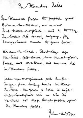 Facsimile of handwritten version of McCrae's "In Flanders Fields" ends the first line with "grow"