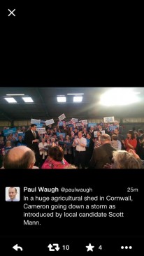 In a huge agricultural shed i nCornwall, Cameron going down a storm as introduced by local candidate Scott Mann | Paul Waugh