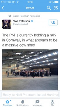 The PM is currently holding a rally in Cornwall, in what appears to be a massive cow shed | Niall Paterson