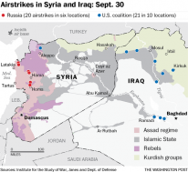 Ishaan Tharoor on Twitter: "One day of US/Russia air strikes in Syria and Iraq, via @PostGraphics