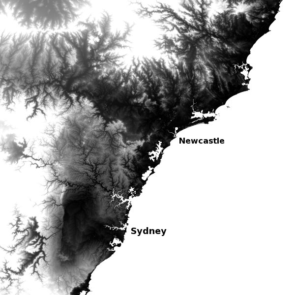Fractal structure of mountain and valley systems. Here's a small scaled-down sample of STRM dataset around Sydney